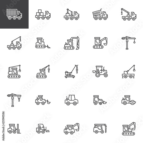 Construction truck line icons set. linear style symbols collection, outline signs pack. vector graphics. Set includes icons as crane, equipment, industry, bulldozer, tractor, excavator machinery  