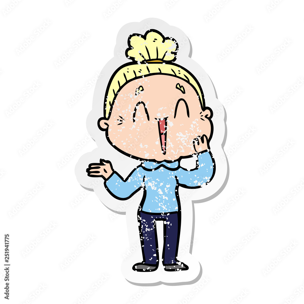 distressed sticker of a cartoon happy old lady distressed sticker of a cartoon happy old lady