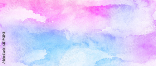 Fantasy smooth light pink, purple shades and blue watercolor paper textured illustration for grunge design, vintage card, templates. Pastel ink colors wet effect hand drawn canvas aquarelle background