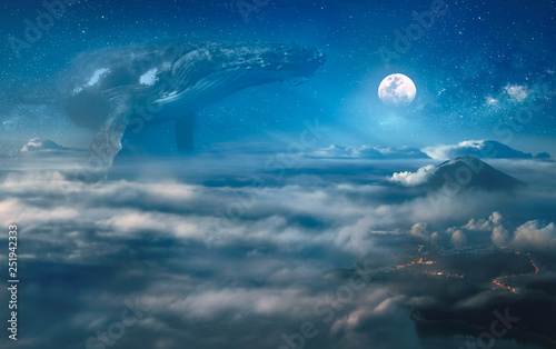 Nocturne surreal dream with clouds, big whale hovering in the space, night landscape under full moon on background