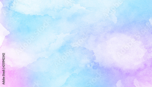 Fantasy smooth light pink, purple shades and blue watercolor paper textured illustration for grunge design, vintage card, templates. Pastel ink colors wet effect hand drawn canvas aquarelle background © KatMoy