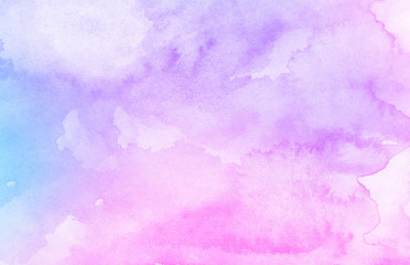 Fantasy smooth light pink, purple shades and blue watercolor paper textured illustration for grunge design, vintage card, templates. Pastel ink colors wet effect hand drawn canvas aquarelle background