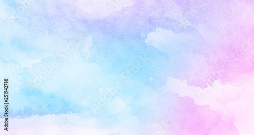Fantasy smooth light pink, purple shades and blue watercolor paper textured illustration for grunge design, vintage card, templates. Pastel ink colors wet effect hand drawn canvas aquarelle background