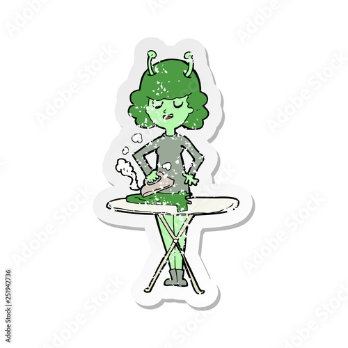 retro distressed sticker of a cartoon alien woman ironing