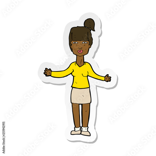 sticker of a cartoon woman shrugging shoulders