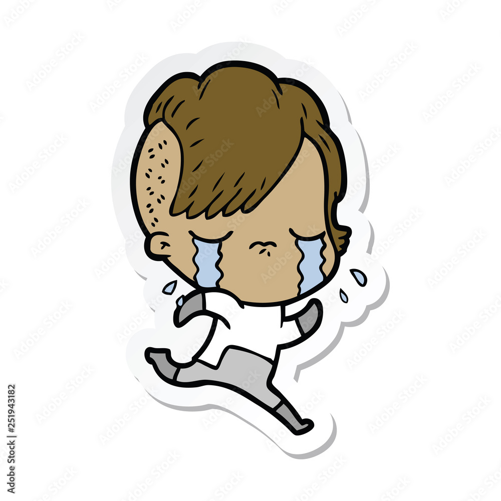 sticker of a cartoon crying girl wearing space clothes