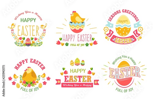 Happy Easter isolated icons religious holiday cake and eggs chicken and bunny spring event religion and Christianity