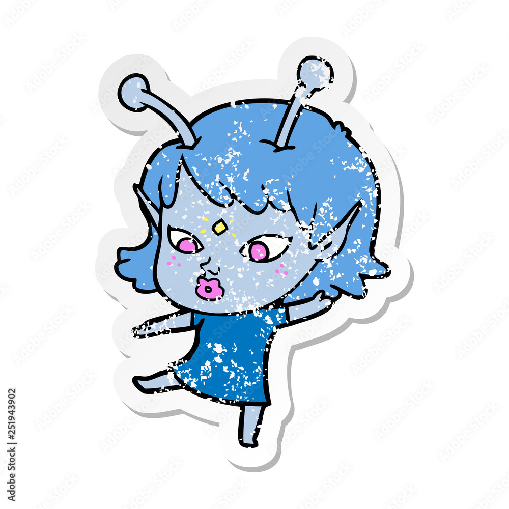distressed sticker of a pretty cartoon alien girl distressed sticker of a pretty cartoon alien girl