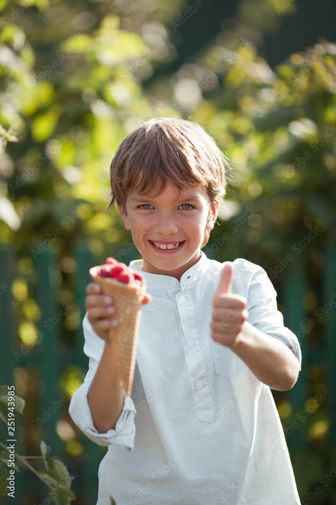 Happy handsome boy is eating raspberries in summer garden, outdoor. Happy handsome boy is eating raspberries in summer garden, outdoor.