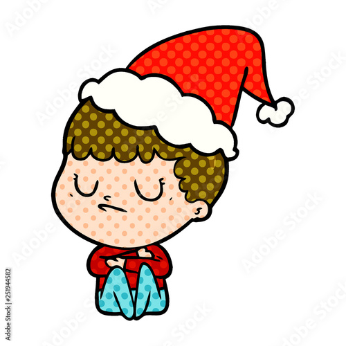 comic book style illustration of a grumpy boy wearing santa hat