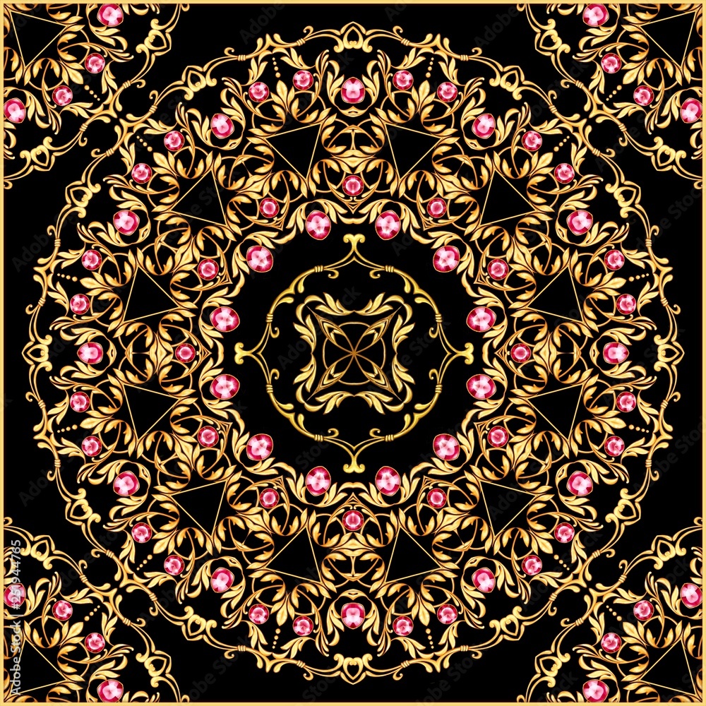 Square composition with golden scrolls and ruby gems Square composition with golden scrolls and ruby gems