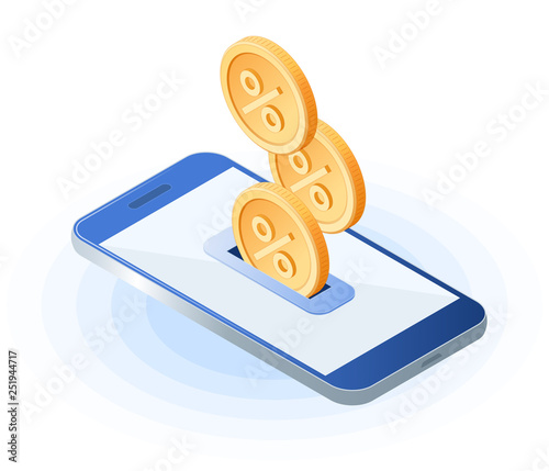 The cash back to the smart phone. Flat isometric illustration of coins with percentage sign are dropping into smartphone screen. The refund money, cashback service, bank deposit profit, vector concept