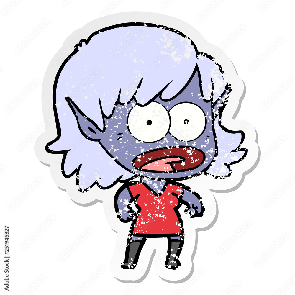 distressed sticker of a cartoon shocked elf girl distressed sticker of a cartoon shocked elf girl