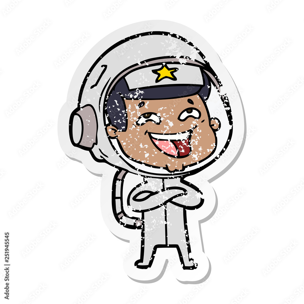 distressed sticker of a cartoon laughing astronaut distressed sticker of a cartoon laughing astronaut