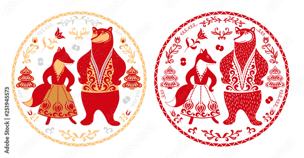Fox and bear in a round patterned frame of flowers and leaves.  Folk Art.  