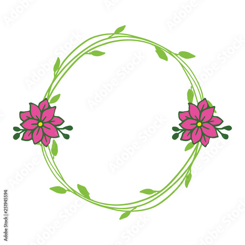 Vector illustration circular frame pink flower and green leaf hand drawn