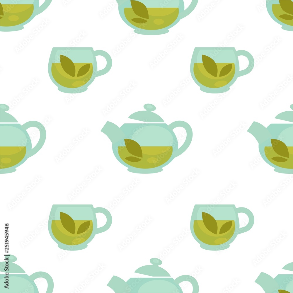 Teapot with green tea cartoon vector seamless pattern