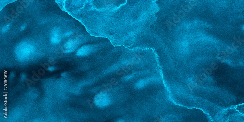 Water color ink painted cosmic neon light blue watercolor background. Paper textured aquarelle deep black canvas for creative design. Thunder storm lightning night sky texture multicolor illustration