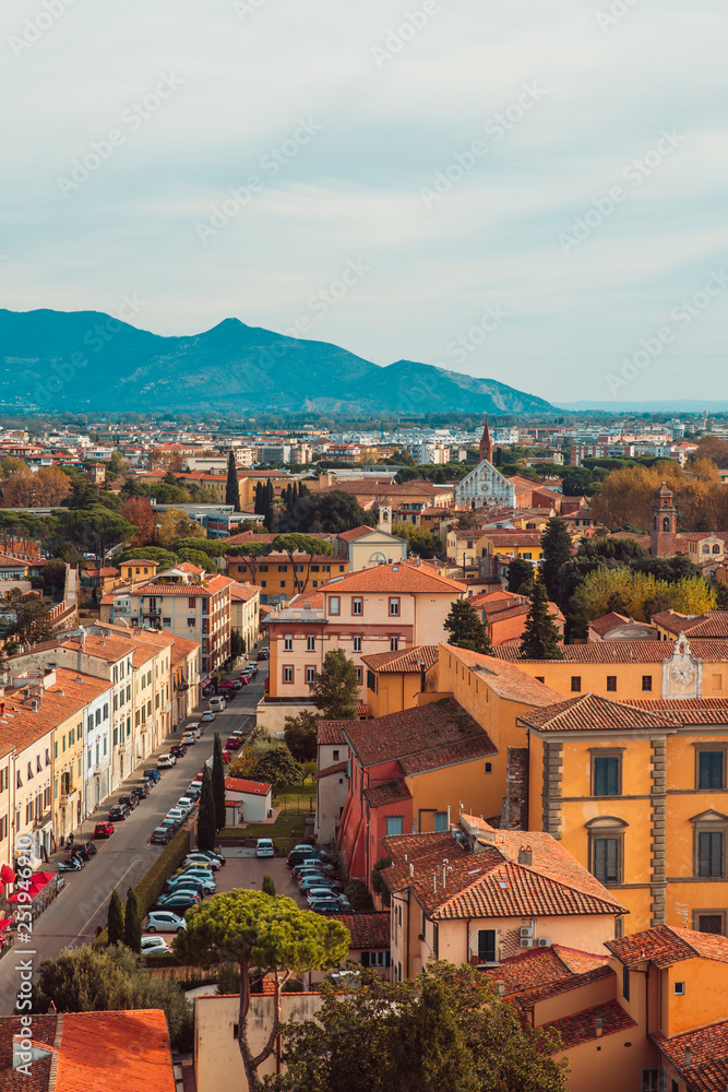 Fototapeta premium Leaning Tower of Pisa and Surrounding Buildings and City of Pisa