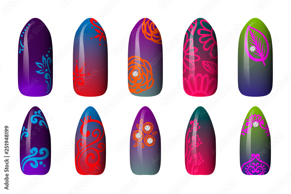 set of colored painted neon nail stickers. manicure art. nail polish. isolated on a white background set of colored painted neon nail stickers. manicure art. nail polish. isolated on a white background