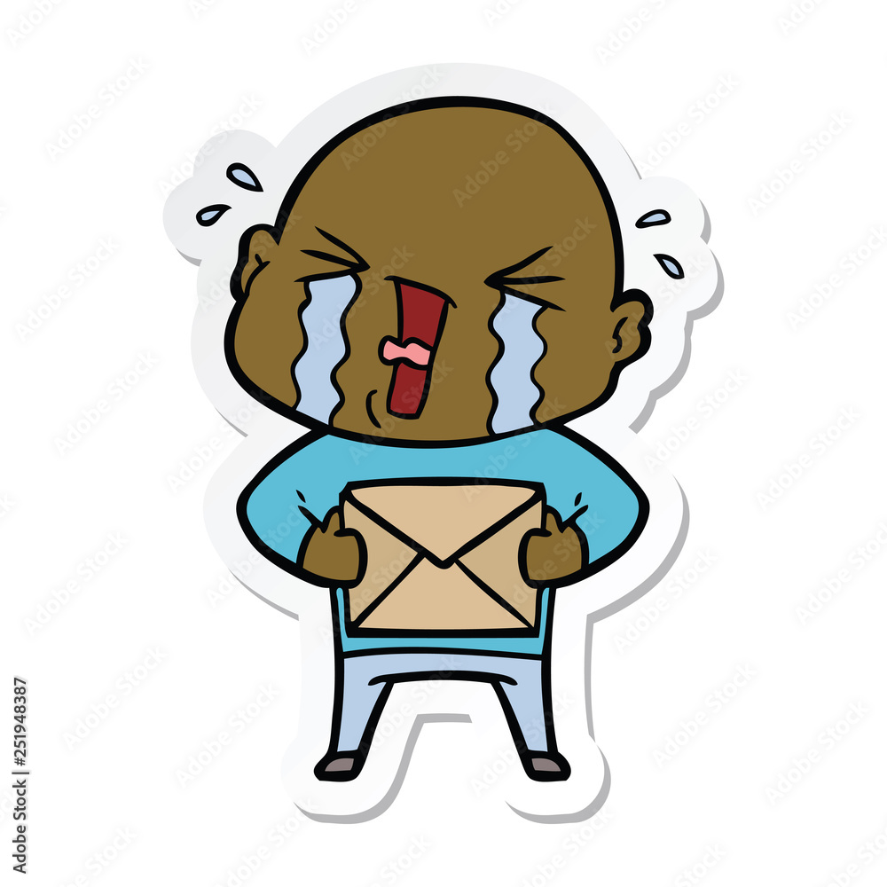 sticker of a cartoon crying bald man