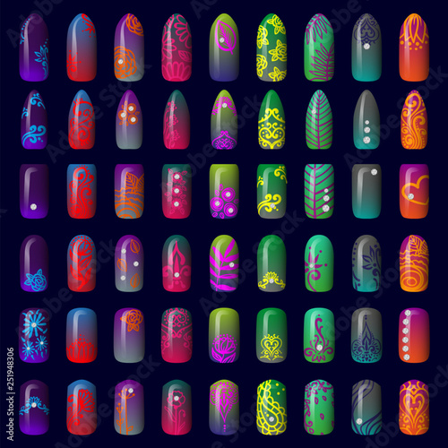 set of colored painted neon nail stickers. manicure art. nail polish. isolated on a dark background