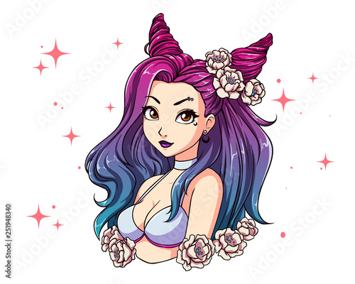 Pretty cartoon girl with wavy colorful hair, wearing white swimsuit and wreath.