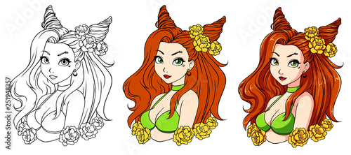 Pretty cartoon girl with wavy red hair, wearing green swimsuit and wreath.