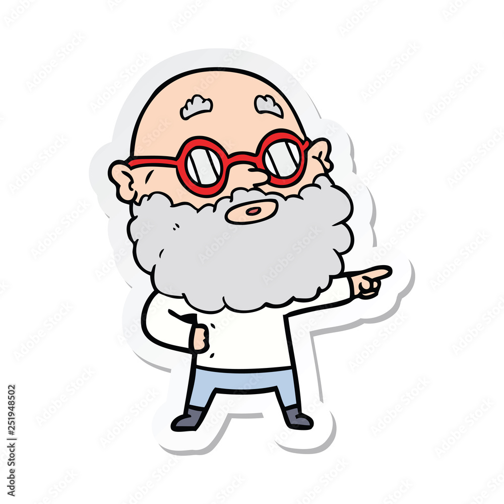 sticker of a cartoon curious man with beard and glasses