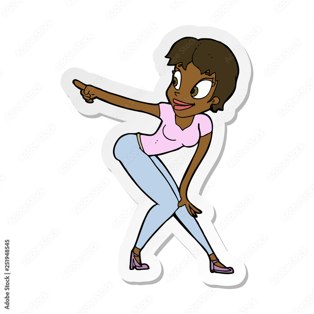 sticker of a cartoon pretty woman pointing