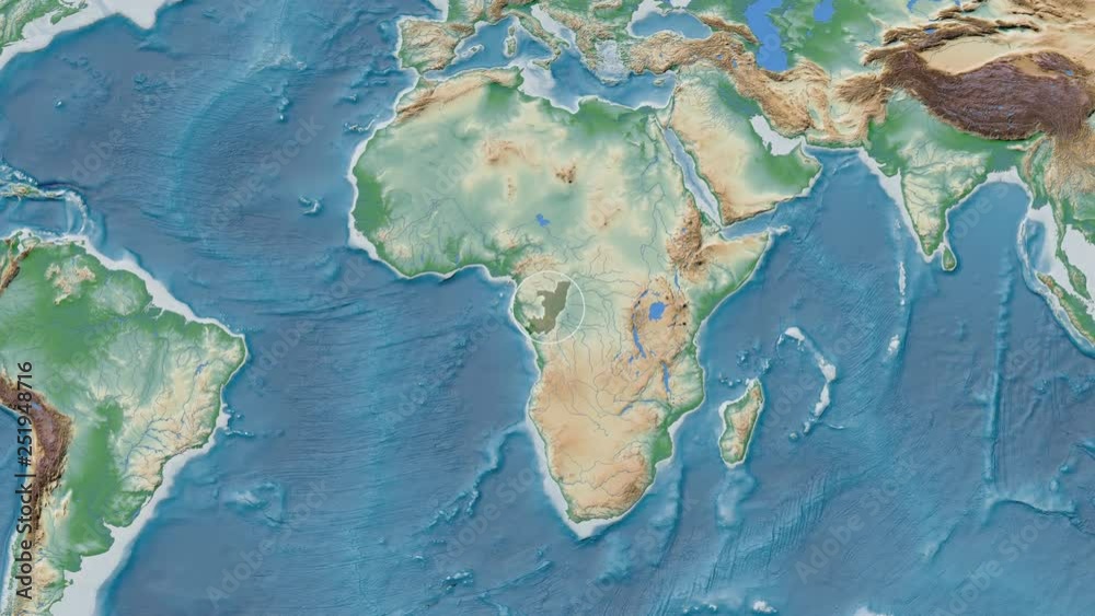 Congo Brazzaville area presented against the global physical map in the Patterson Cylindrical projection with animated oblique transformation Congo Brazzaville area presented against the global physical map in the Patterson Cylindrical projection with animated oblique transformation