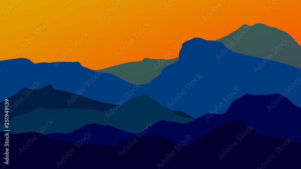Abstract mountain sunset background in the fog