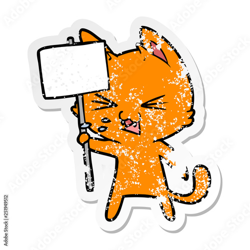 distressed sticker of a cartoon cat protesting