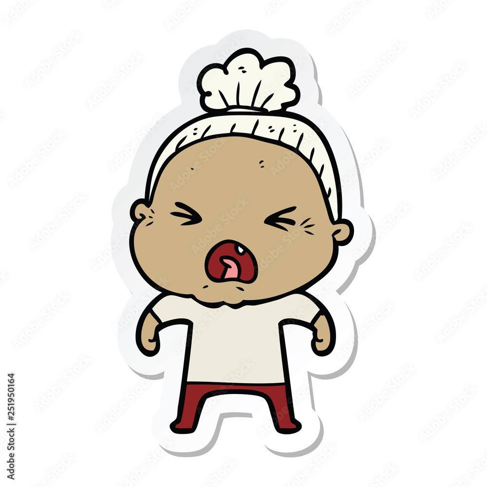 sticker of a cartoon angry old woman sticker of a cartoon angry old woman