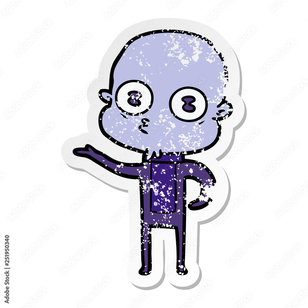 distressed sticker of a cartoon weird bald spaceman distressed sticker of a cartoon weird bald spaceman