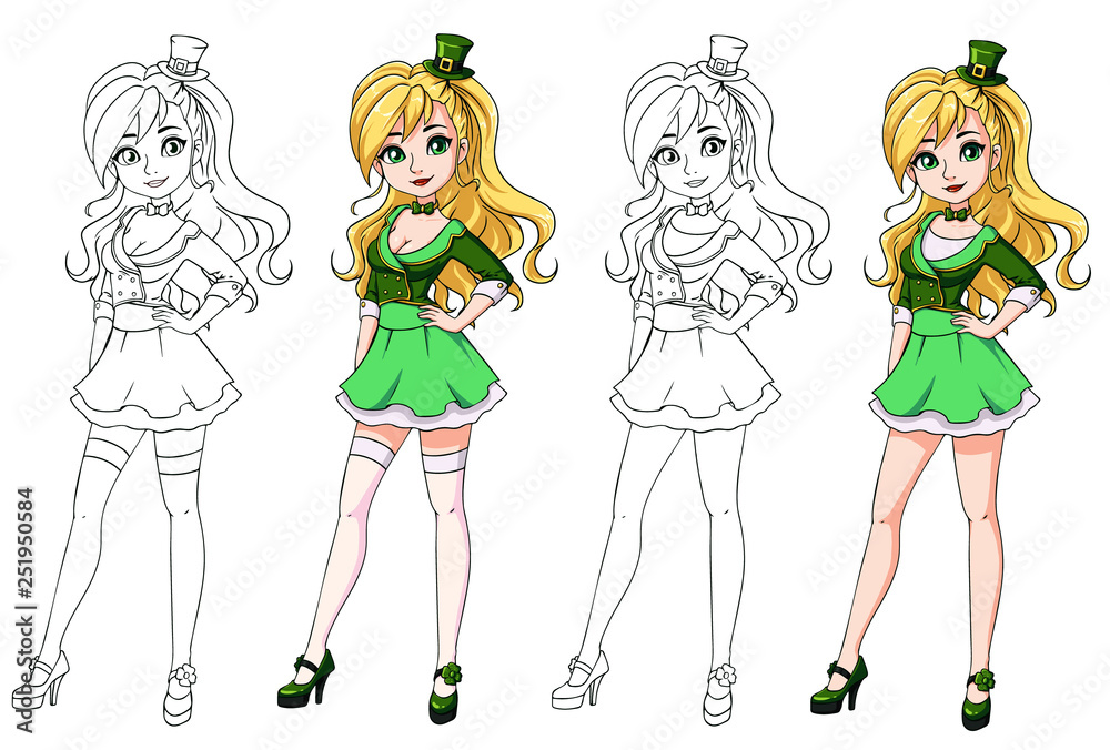 Pretty cartoon girl with blonde hair wearing leprechaun costume. Young woman and teenage versions. Hand drawn vector illustration. Pretty cartoon girl with blonde hair wearing leprechaun costume. Young woman and teenage versions. Hand drawn vector illustration.