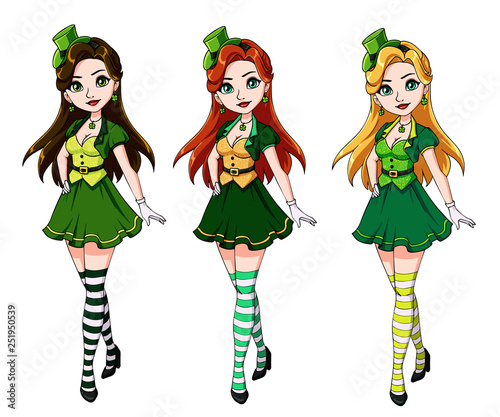 Set of three pretty girls wearing St. Patrick s day costume.