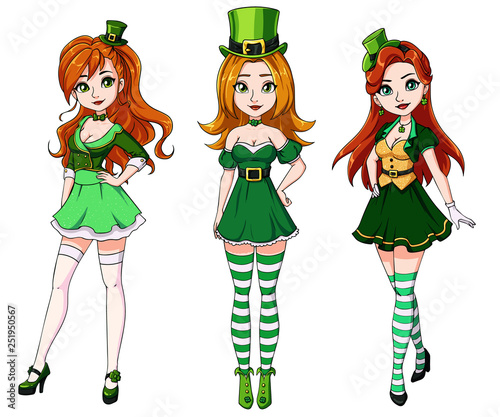 Set of three pretty red-haired girls wearing St. Patrick's day costume. Hand drawn colored illustration on white background. Can be used for coloring books, cards, games etc.