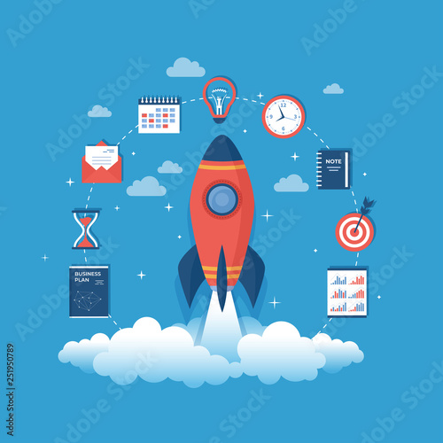 Business project startup, financial planning, idea, strategy, management, realization and success. Rocket launch with business plan, hourglass, target, clock, coins, calendar, documents. Vector 
