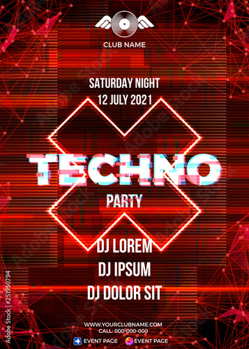 Glitch party poster with blue background and triangle for techno