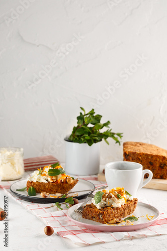 carrot fruit cake with nuts and cream