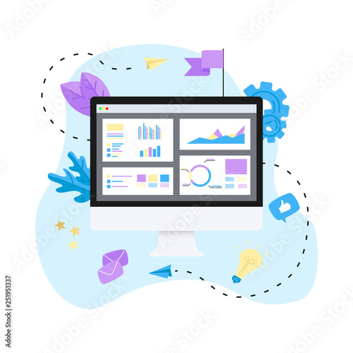 Data analysis design concept. Graph, diagram, statistics on desktop. Business concept