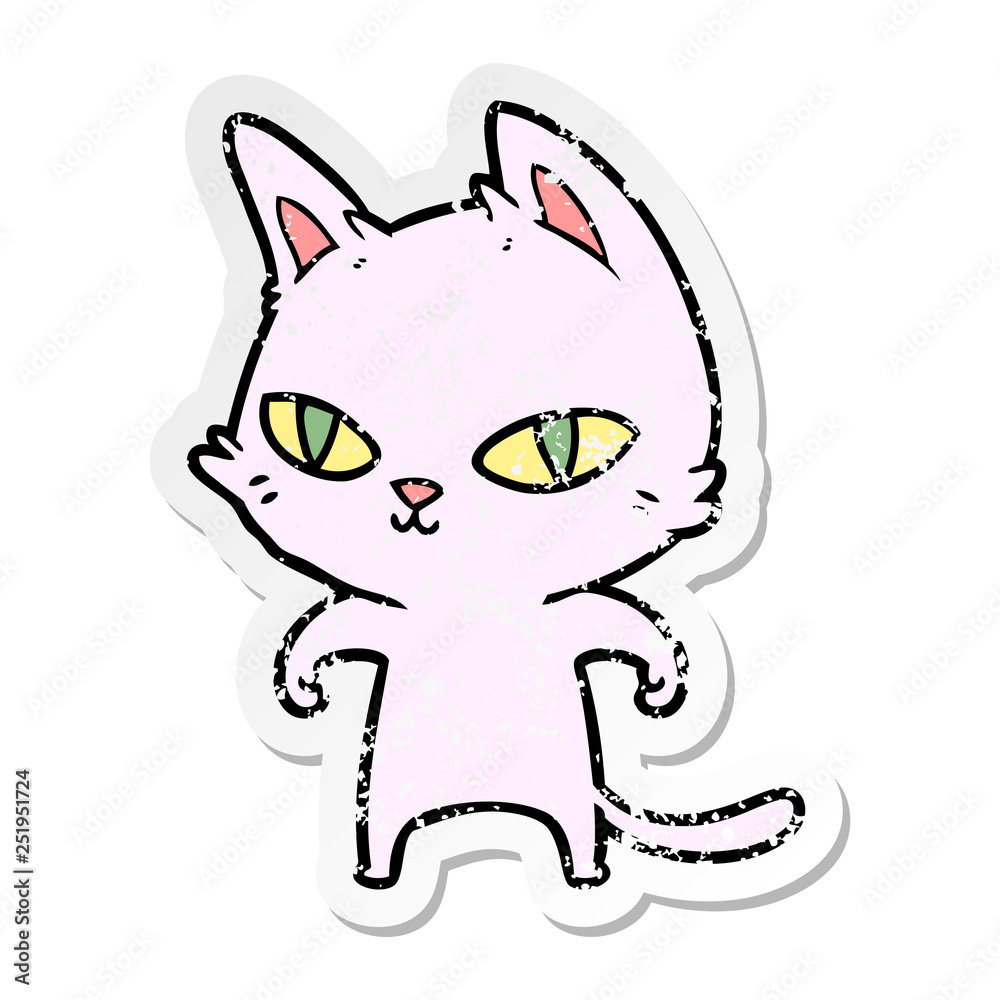 distressed sticker of a cartoon cat with bright eyes distressed sticker of a cartoon cat with bright eyes