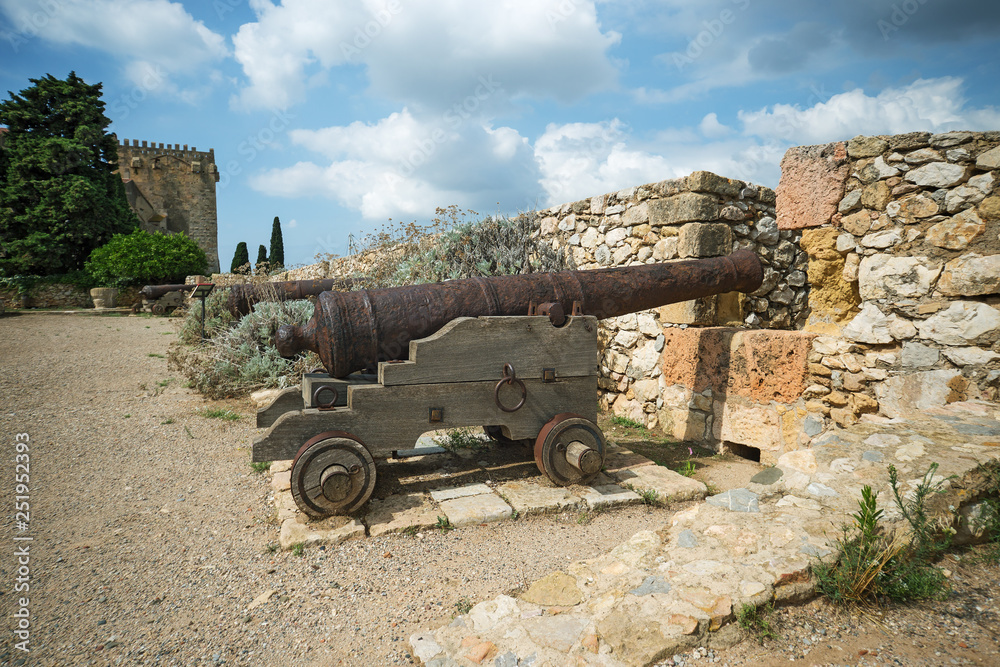 Old guns in Tarragona Passeig arqueologic (Archaeological Promenade) under Roman era walls