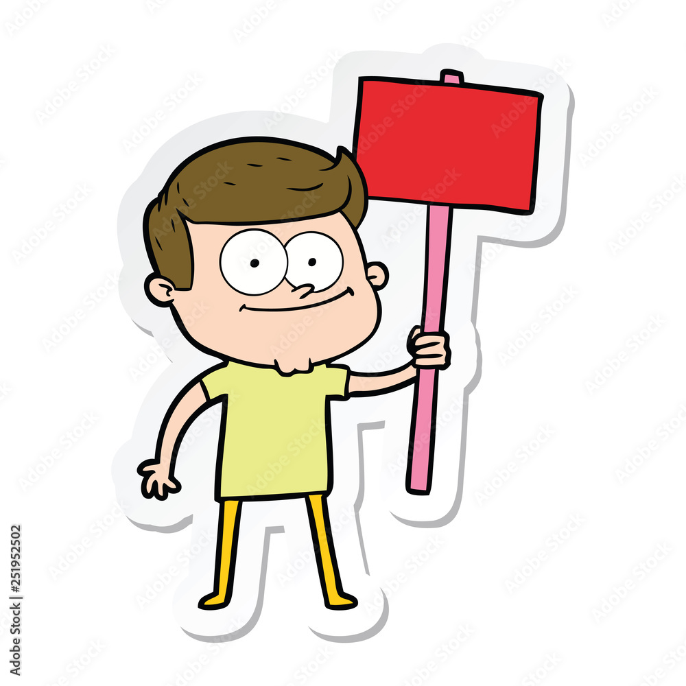 sticker of a cartoon happy man with placard