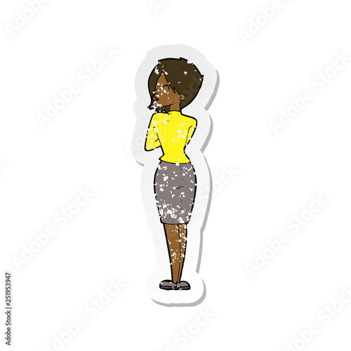 retro distressed sticker of a cartoon businesswoman ignoring