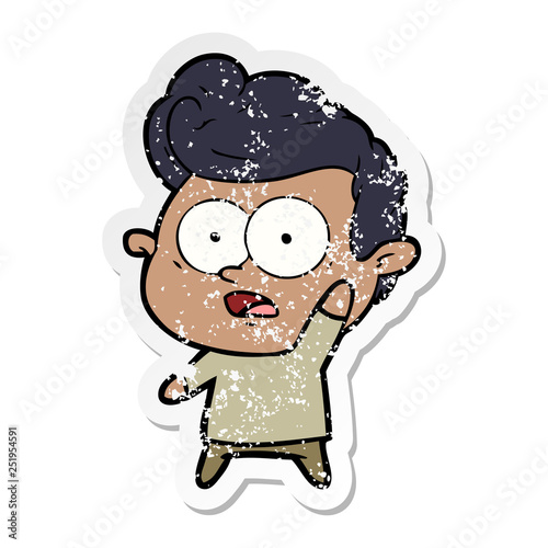 distressed sticker of a cartoon man asking question