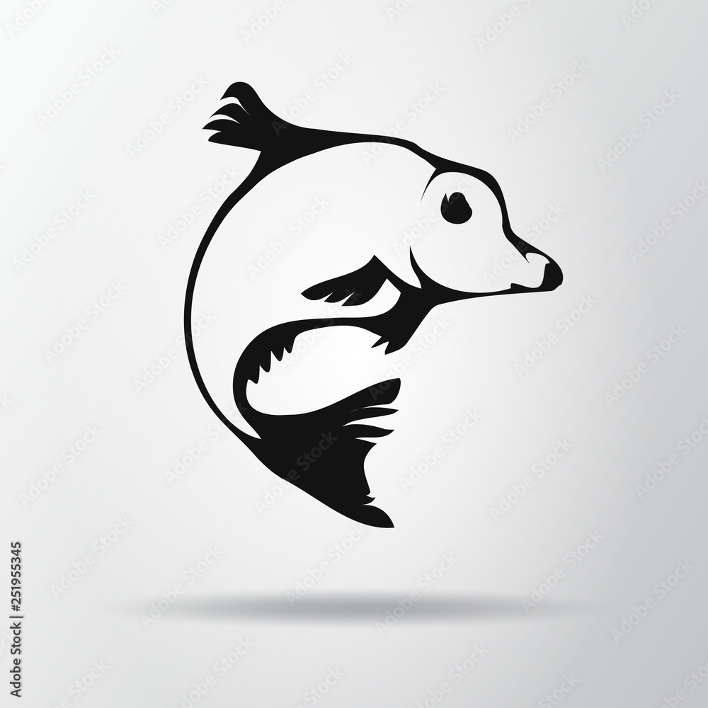 Black fish logo isolated on gray background with shadow. Carp icon, symbol. Cyprinus carpio. Vector Illustration, EPS10. Black fish logo isolated on gray background with shadow. Carp icon, symbol. Cyprinus carpio. Vector Illustration, EPS10.