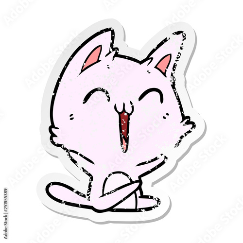 distressed sticker of a happy cartoon cat meowing