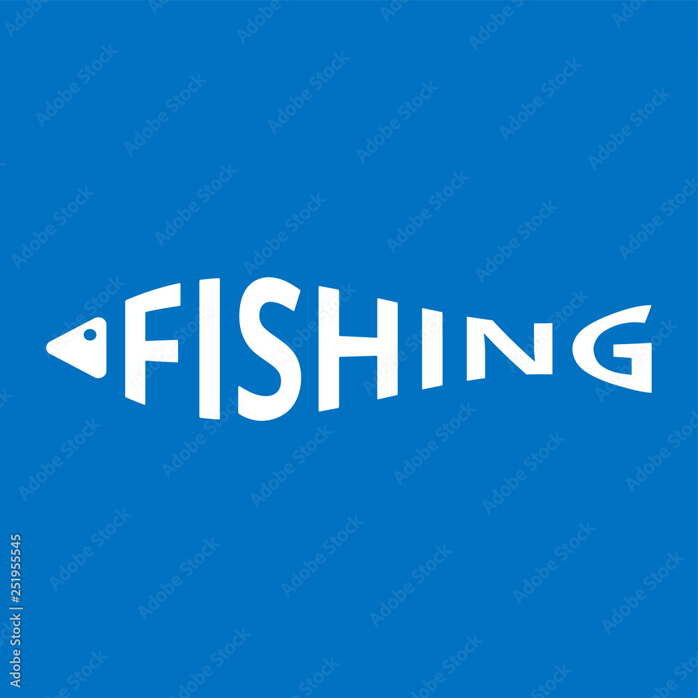 Stylized word in shape of fish isolated on blue. Fishing logo. Web icon, symbol, sign. Vector Illustration, EPS10. Stylized word in shape of fish isolated on blue. Fishing logo. Web icon, symbol, sign. Vector Illustration, EPS10.